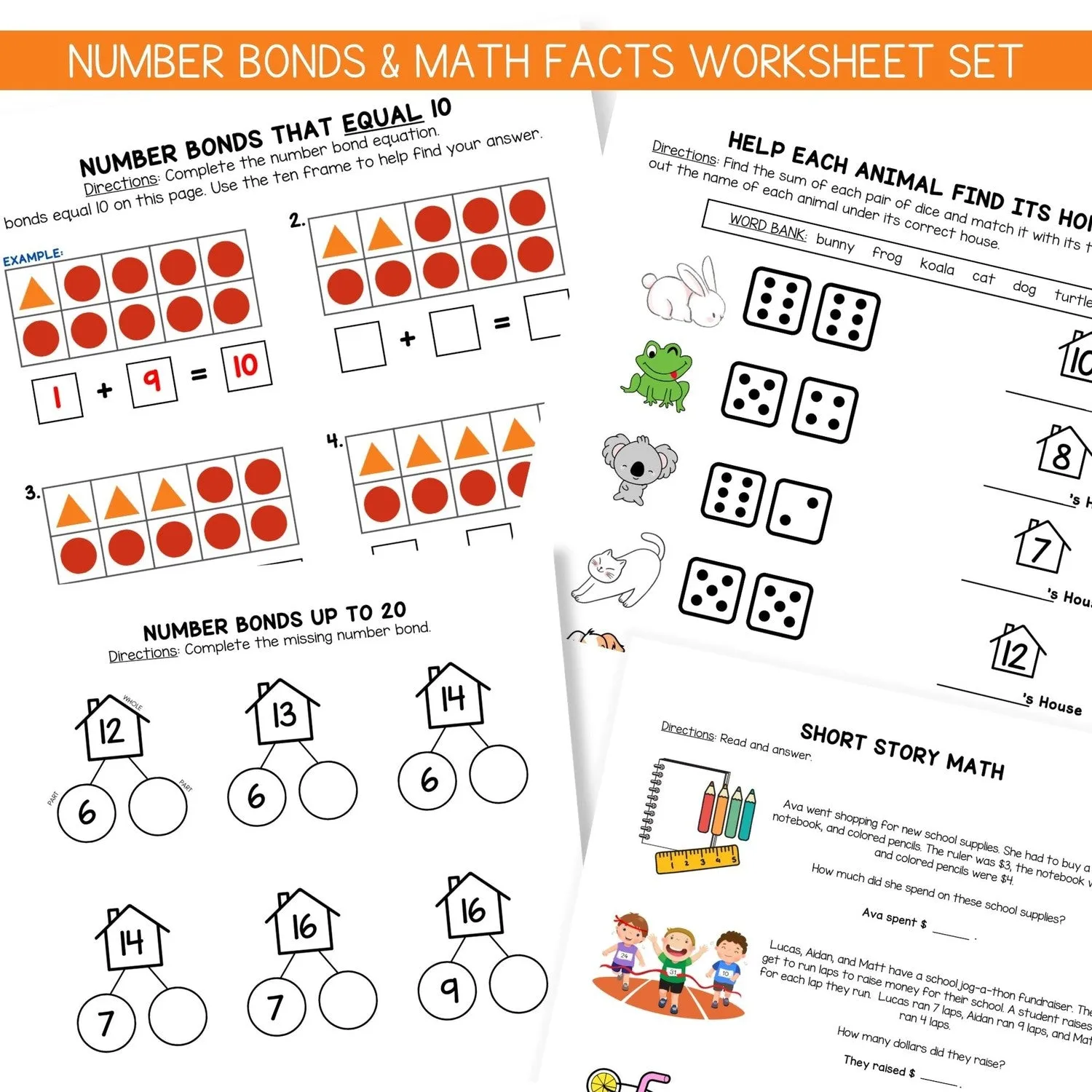 35-Page Number Bonds & Math Facts Worksheet Set DOWNLOAD