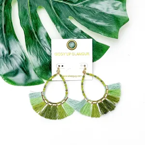 Beaded Open Teardrop Earrings With Fringe Bottom in Green Tones