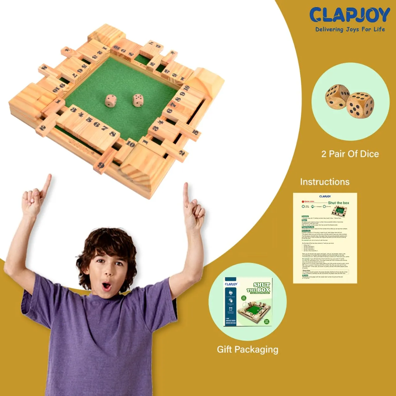 Clapjoy Shut The Box Dice Game for Kids & Adults [4 Sided Large Wooden Board Game, 2 Dice   Repeat Scorecard Usage] Educational Math Learning Toy, Table Top Game for The Party Family