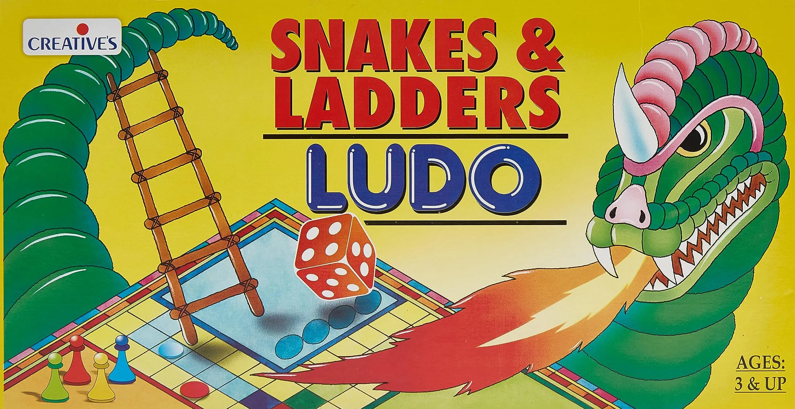 Creative's Snakes And Ladders Ludo Board Game | Play Board | Ludo Game | Saap Seedhi Travel Board Game for Child devlopment Ages -3 Years and Up | 2 Dice | 16 Play Pieces