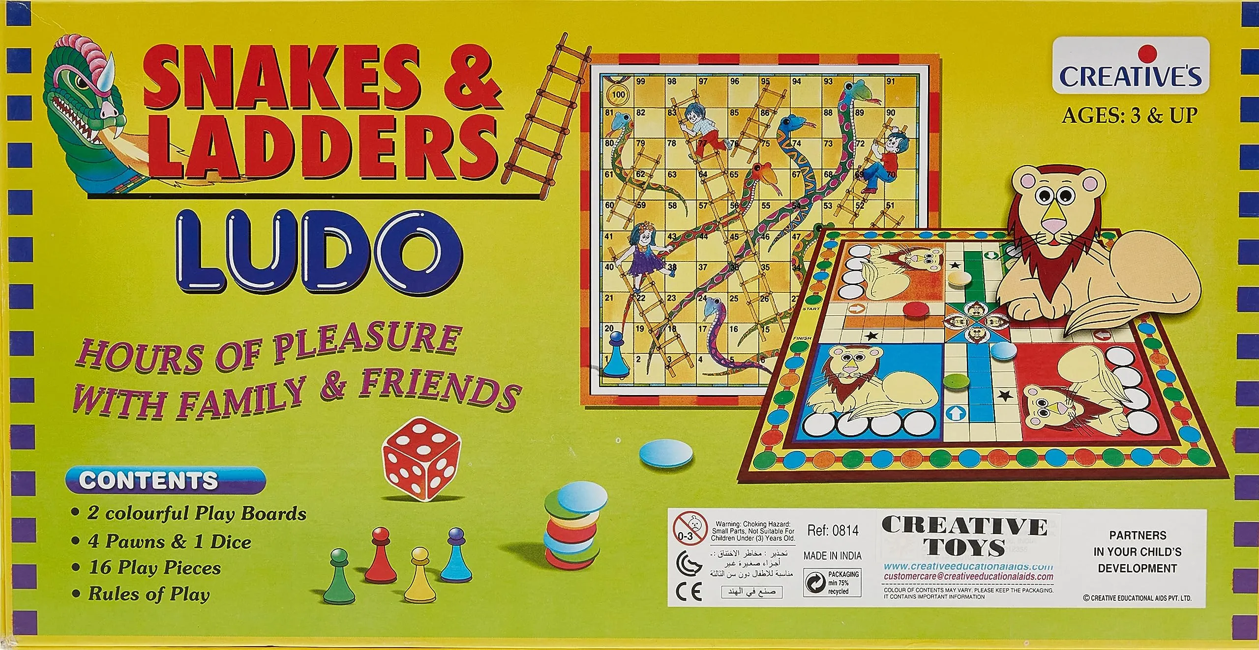 Creative's Snakes And Ladders Ludo Board Game | Play Board | Ludo Game | Saap Seedhi Travel Board Game for Child devlopment Ages -3 Years and Up | 2 Dice | 16 Play Pieces