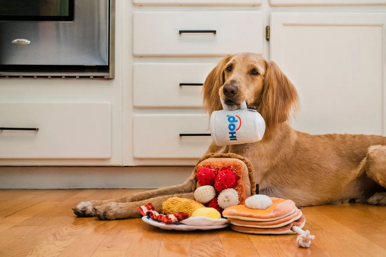 IHOP x P.L.A.Y. Squeaky Plush Dog toys, Pancake Pup Stack