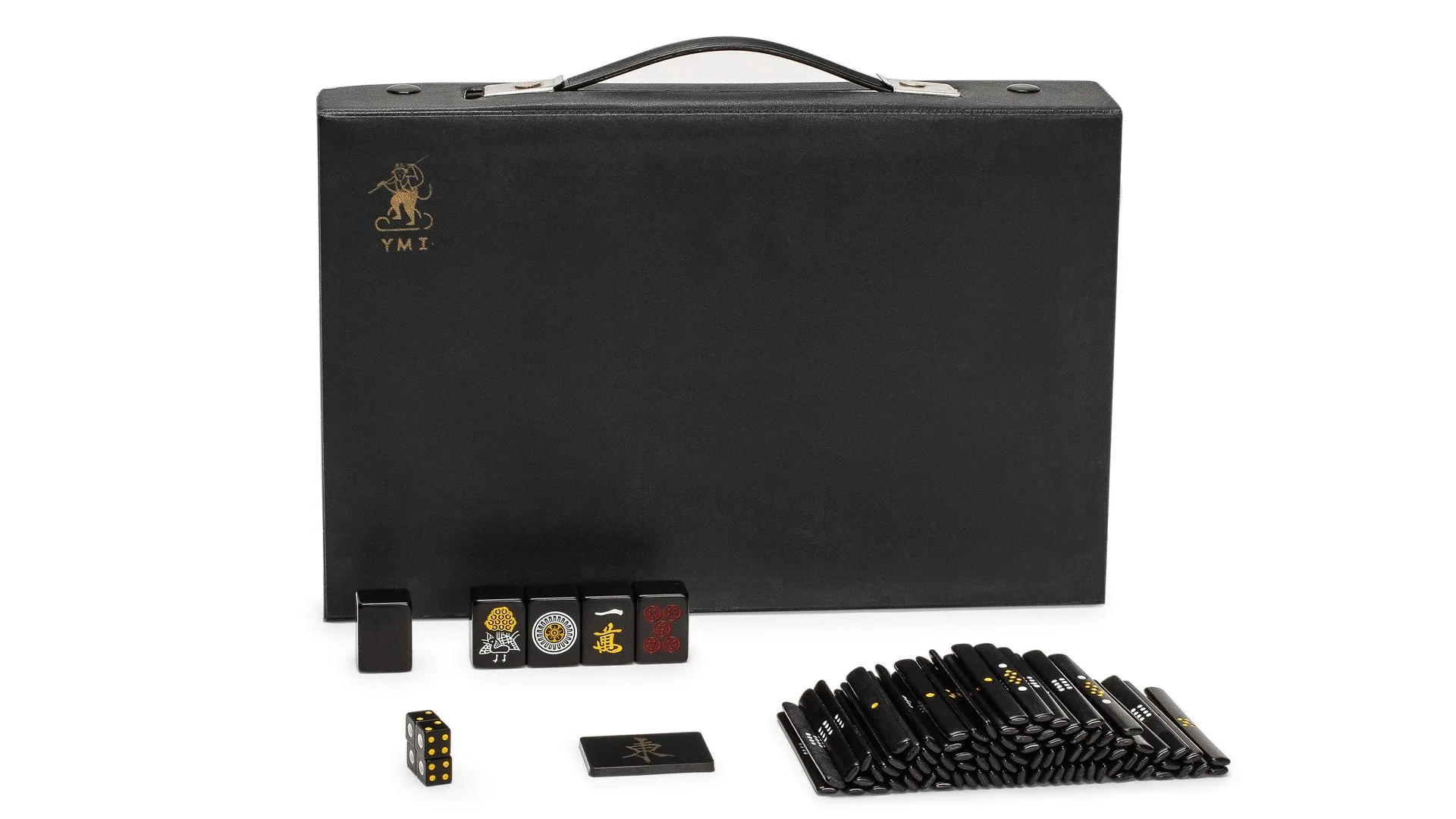 Japanese Riichi Mahjong Set -  Black Standard Size Tiles and Vinyl Case - with East Wind Tile, Set of Scoring Sticks, & Dice