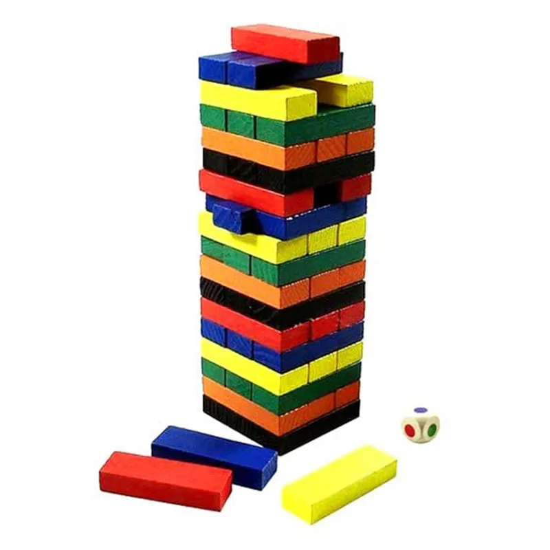 Multicolor Wooden Stacking Board Games Zenga 54 Pcs Blocks, 1 Dice Tumbling Tower Balancing Montessori Toys Kids