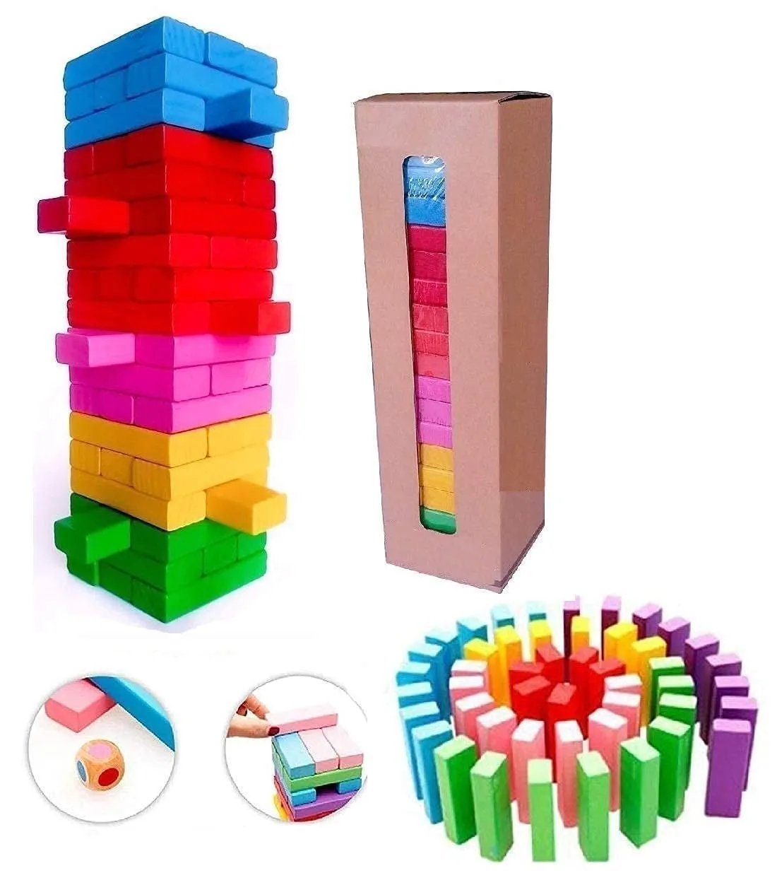 PRIME DEALS Wooden Blocks 54 Pcs 2 Dice Building Blocks Game Challenging Wooden Tumbling Tower, Wooden Stacking Toys with Dices Board Educational Puzzle Game for Adults and Kids (Color)