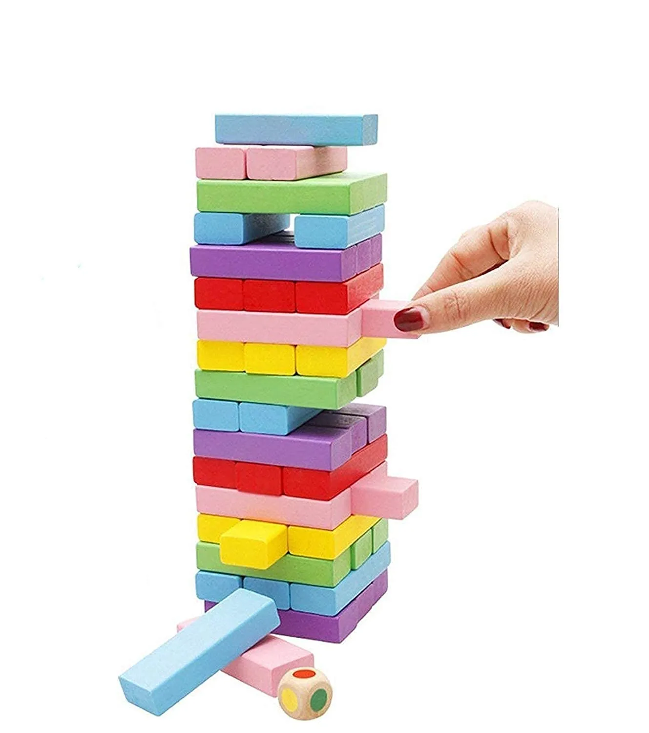 PRIME DEALS Wooden Blocks 54 Pcs 2 Dice Building Blocks Game Challenging Wooden Tumbling Tower, Wooden Stacking Toys with Dices Board Educational Puzzle Game for Adults and Kids (Color)