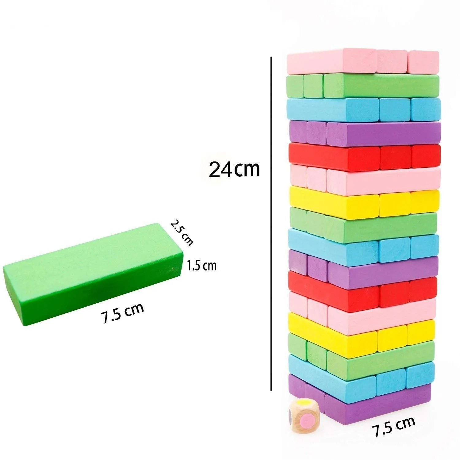 PRIME DEALS Wooden Blocks 54 Pcs 2 Dice Building Blocks Game Challenging Wooden Tumbling Tower, Wooden Stacking Toys with Dices Board Educational Puzzle Game for Adults and Kids (Color)