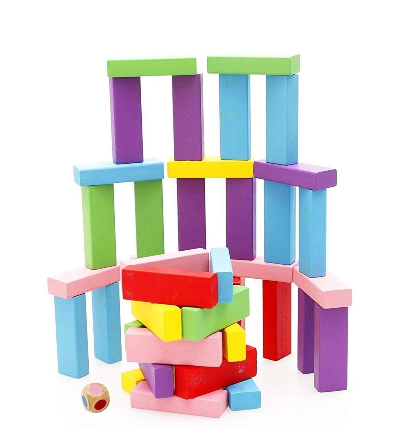 PRIME DEALS Wooden Blocks 54 Pcs 2 Dice Building Blocks Game Challenging Wooden Tumbling Tower, Wooden Stacking Toys with Dices Board Educational Puzzle Game for Adults and Kids (Color)