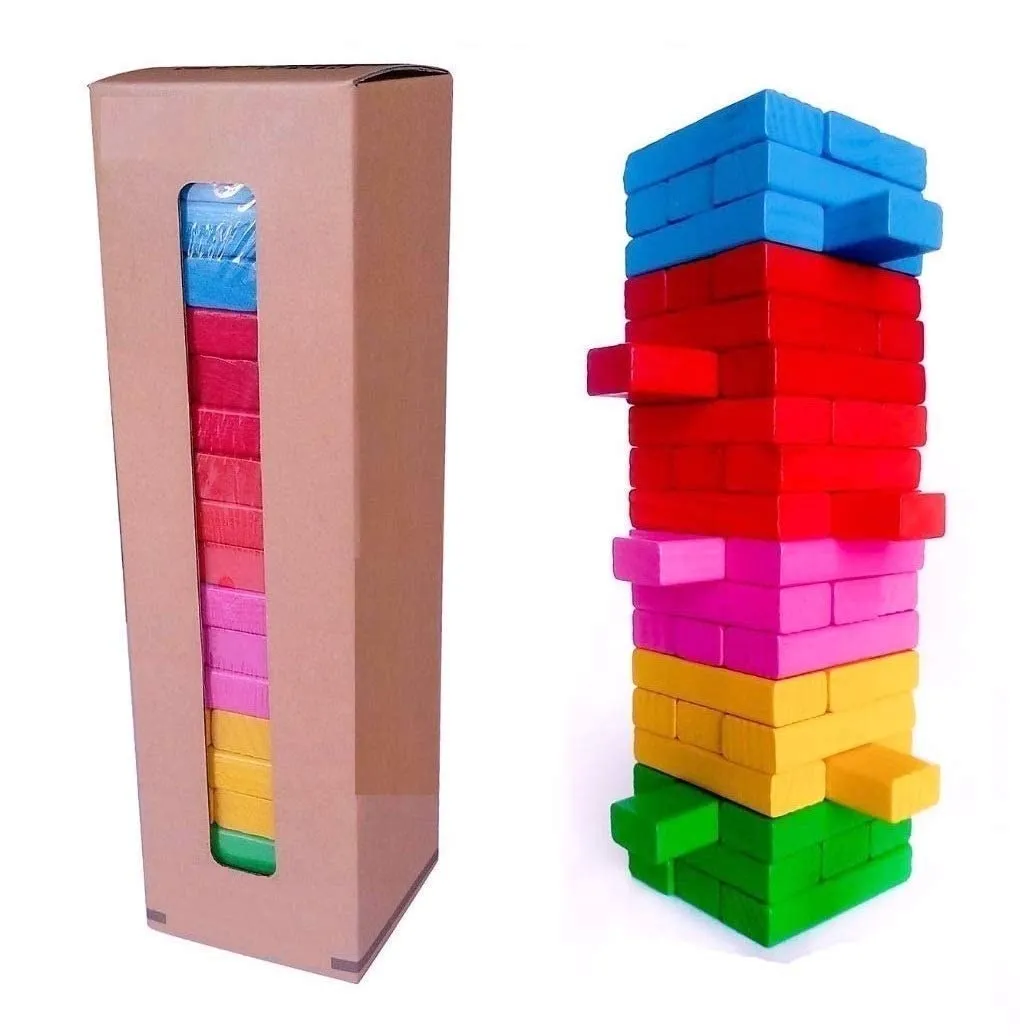 PRIME DEALS Wooden Blocks 54 Pcs 2 Dice Building Blocks Game Challenging Wooden Tumbling Tower, Wooden Stacking Toys with Dices Board Educational Puzzle Game for Adults and Kids (Color)