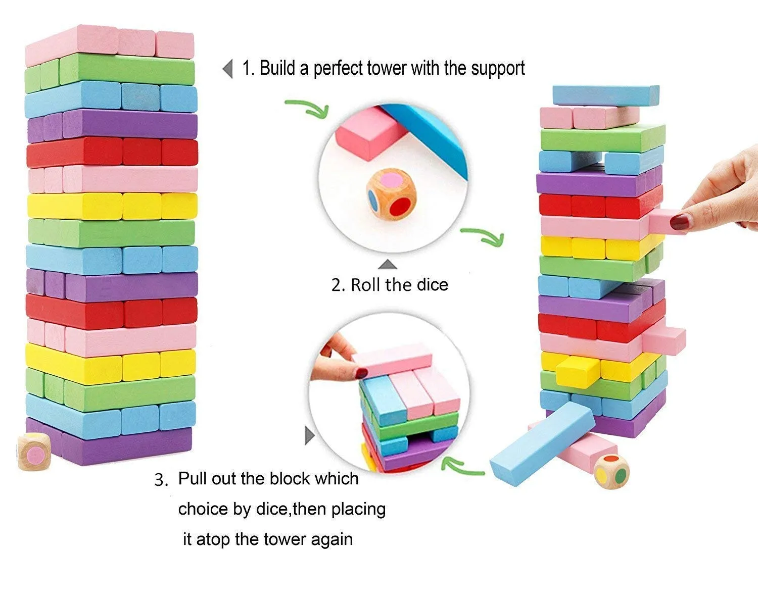 PRIME DEALS Wooden Blocks 54 Pcs 2 Dice Building Blocks Game Challenging Wooden Tumbling Tower, Wooden Stacking Toys with Dices Board Educational Puzzle Game for Adults and Kids (Color)