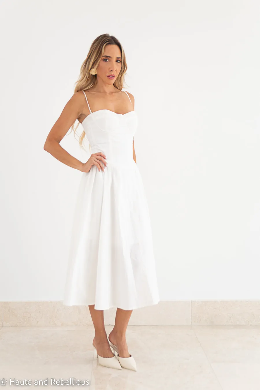 Romantic Corset Flare Midi Dress - White